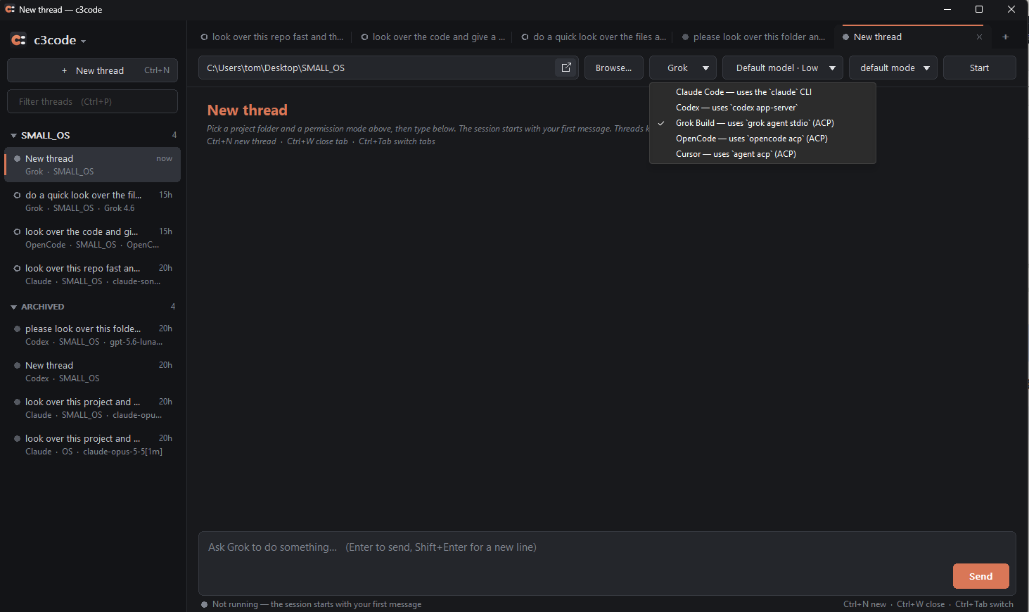 The new thread screen with the agent menu open, listing five agents.