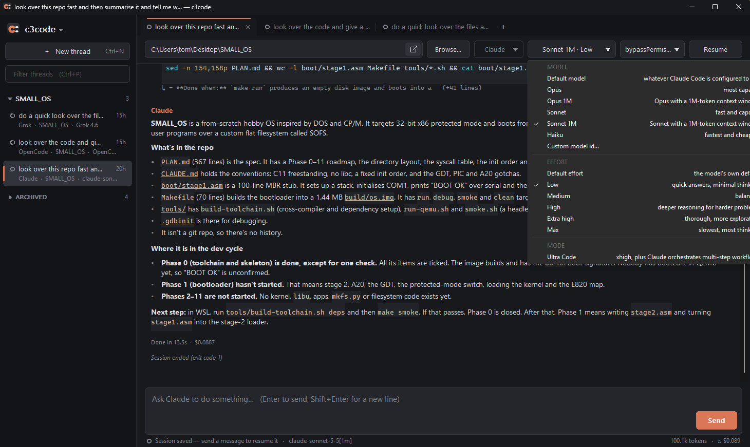 A Claude Code thread with the model and effort menu open.