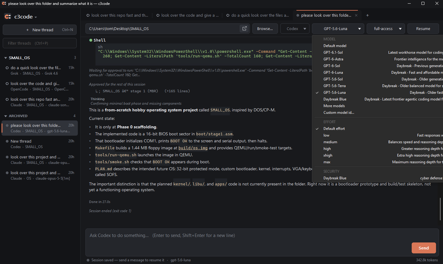 A Codex thread with the model and effort menu open.