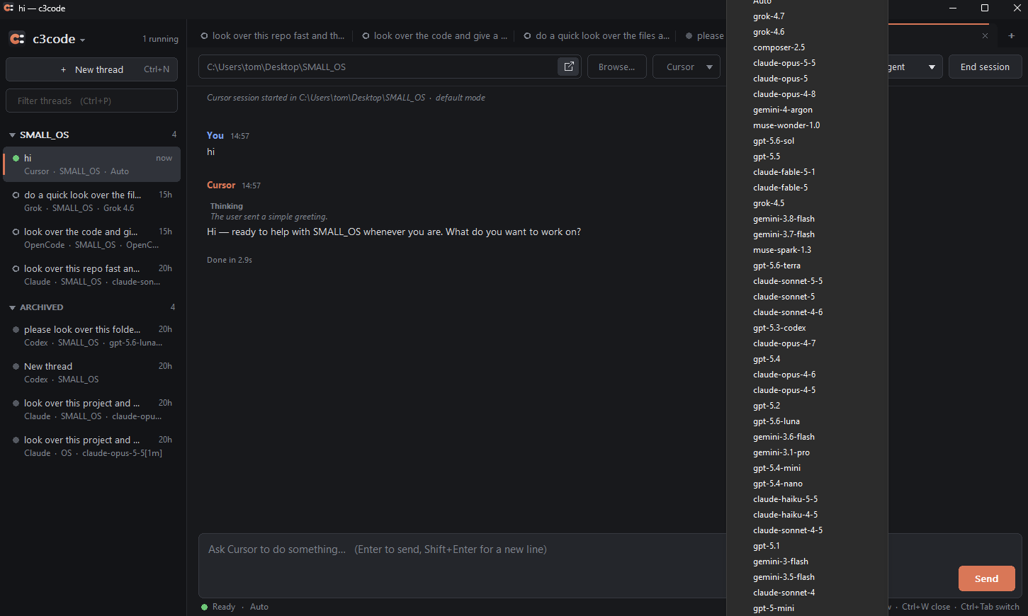 A Cursor thread with its long model list open.