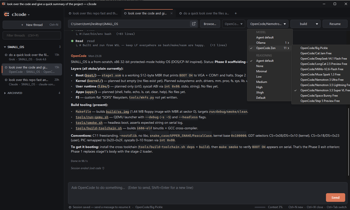 An OpenCode thread with nested provider and model menus open.
