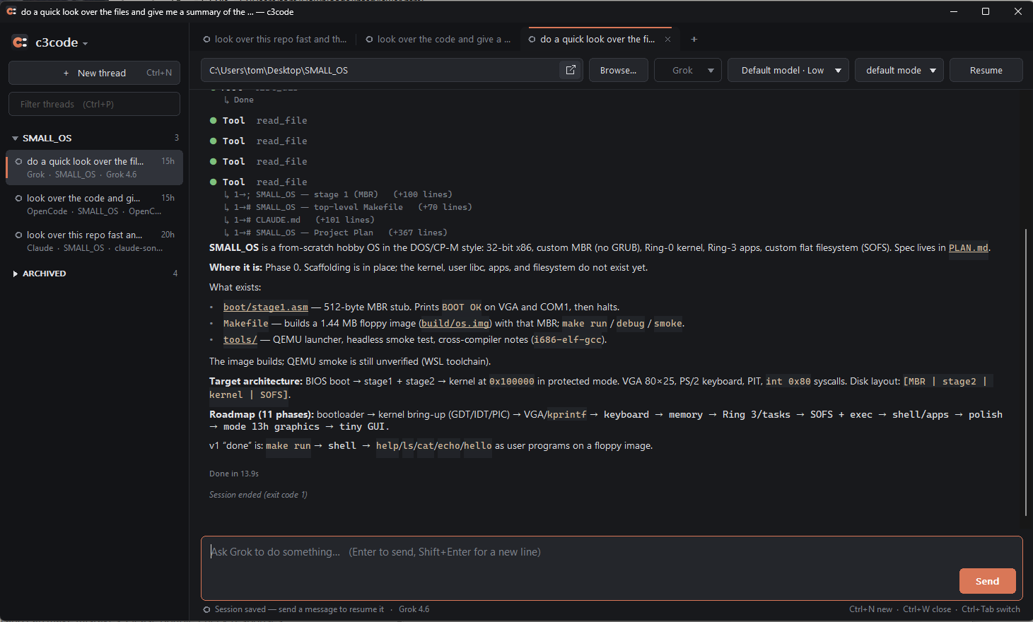 The c3code window: a project sidebar, several tabs, and a Grok Build thread summarising a project after reading its files.